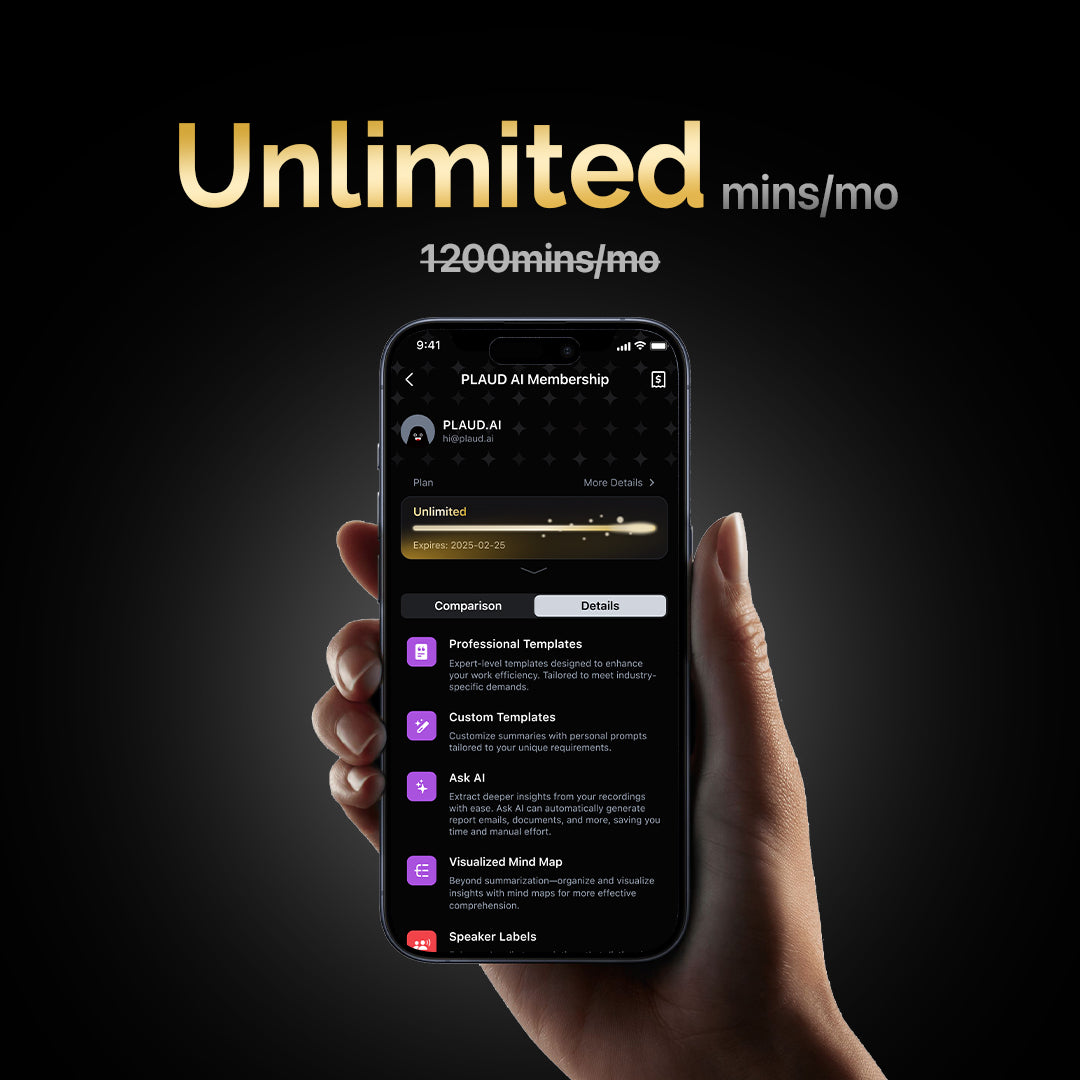 Smartphone displaying Plaud AI Unlimited Plan interface with premium features including unlimited minutes, professional templates, Ask AI function and speaker labels against dark background