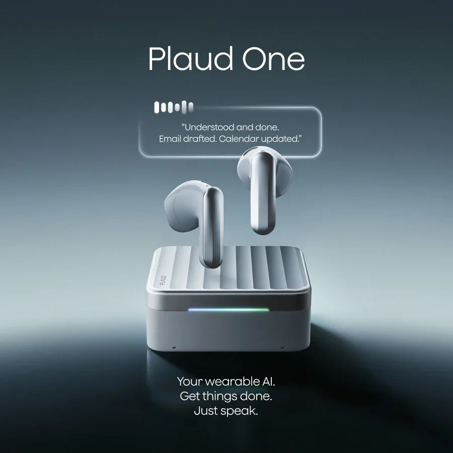 Plaud One AI earbuds with charging case, wearable AI that drafts emails and updates your calendar by voice