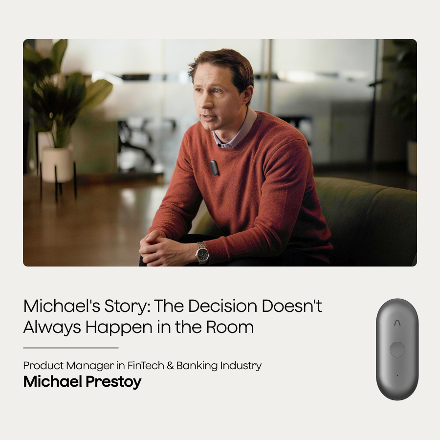Michael Prestoy wearing a black Plaud NotePin S, with a gray Plaud NotePin and text about fintech decision making.