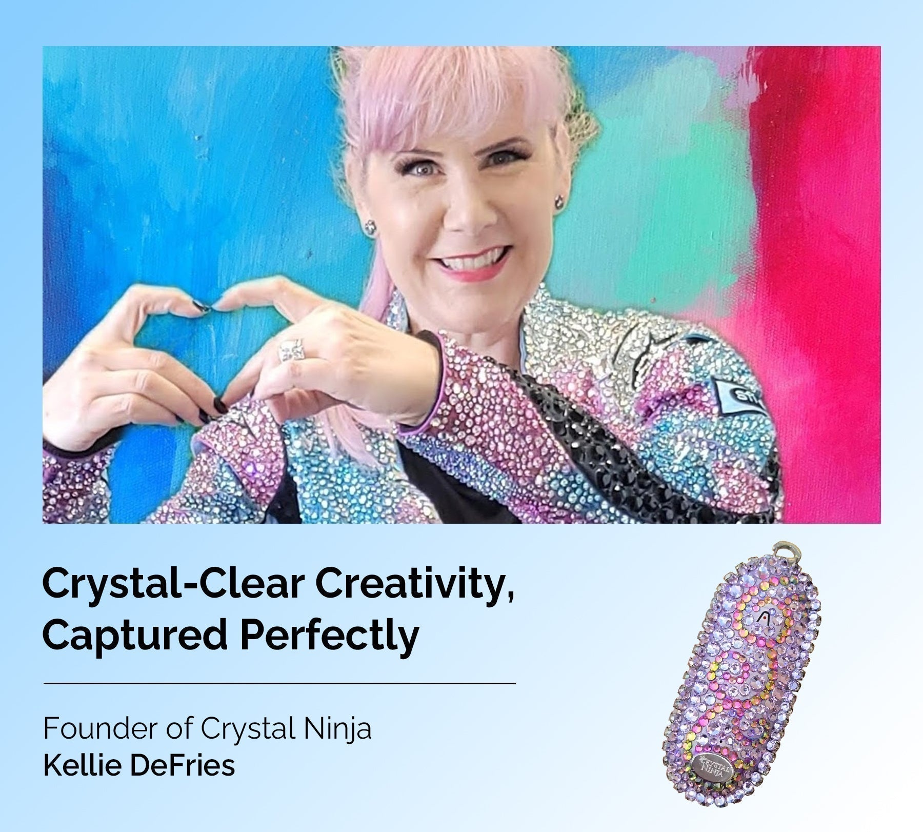 Kellie DeFries, Crystal Ninja founder, with a custom crystal-covered Plaud NotePin AI voice recorder.