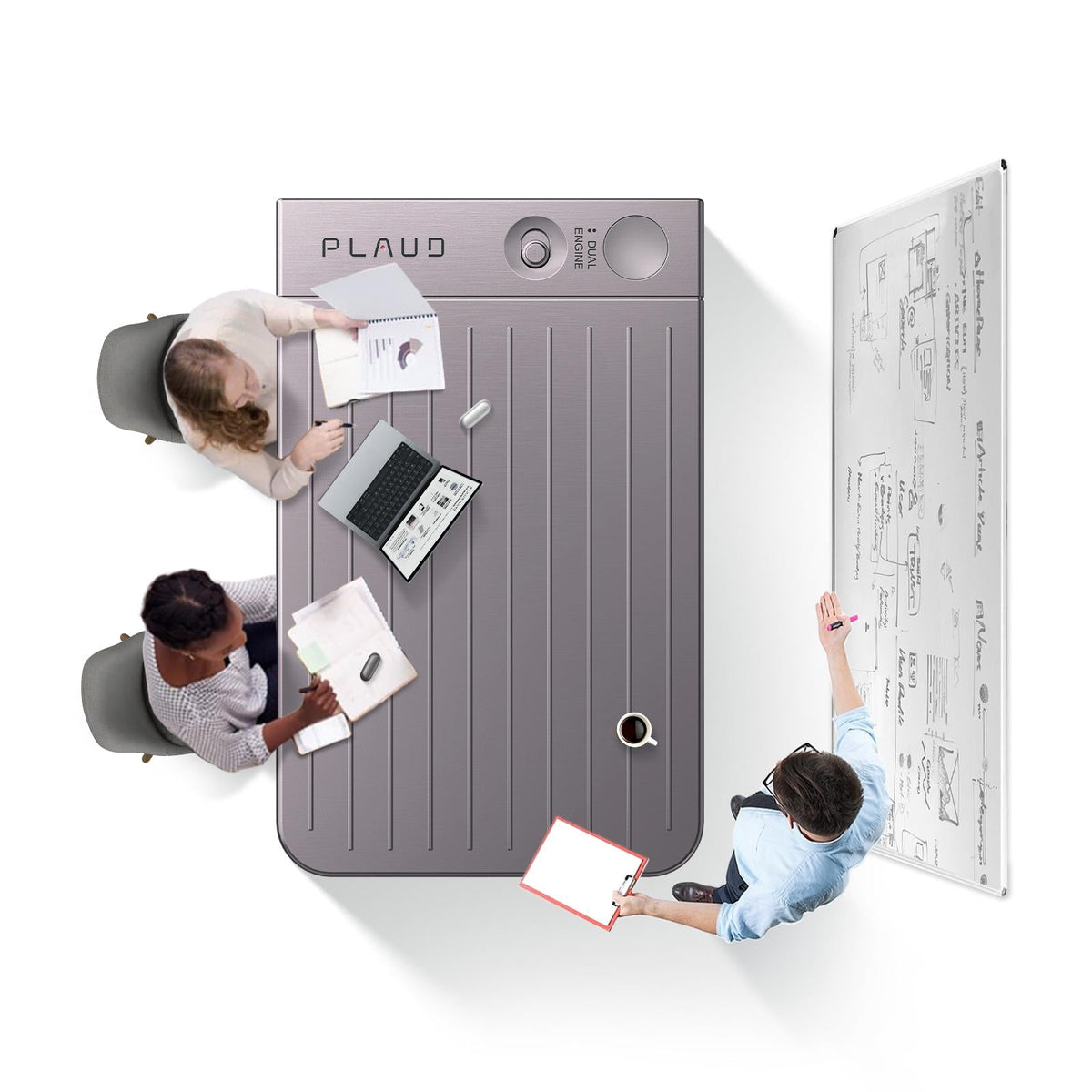 Top-down view of people working around a grey Plaud Note styled as a large conference table.