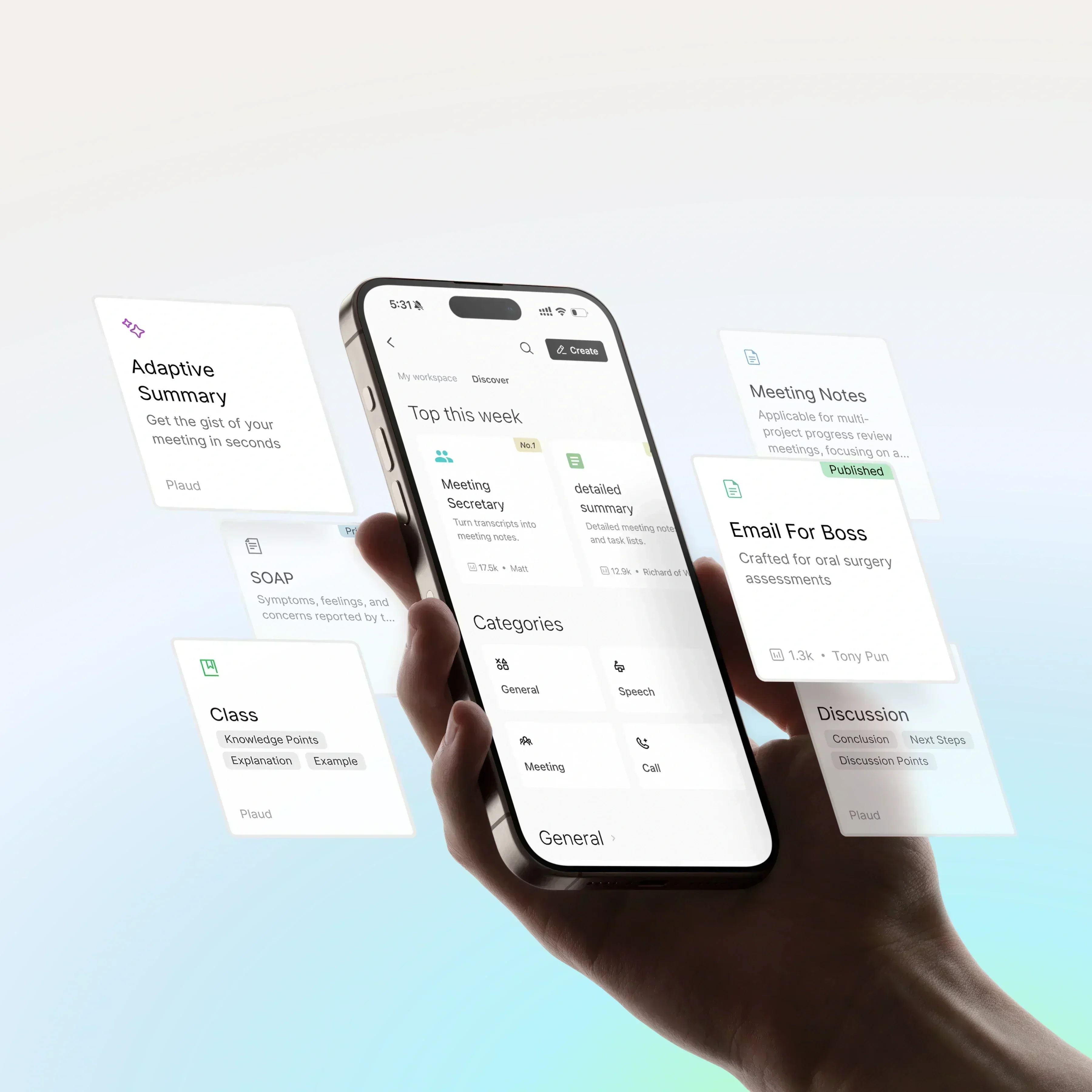 Hand holding a phone displaying the Plaud App interface with floating AI summary, meeting, and class note templates.