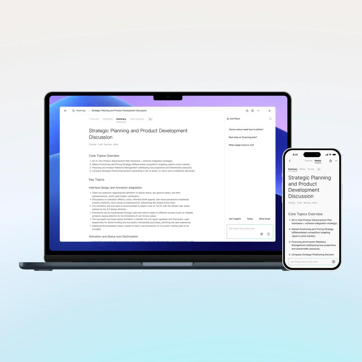 Plaud App and Plaud Web displaying an AI-generated meeting summary and key topics on a laptop and smartphone.