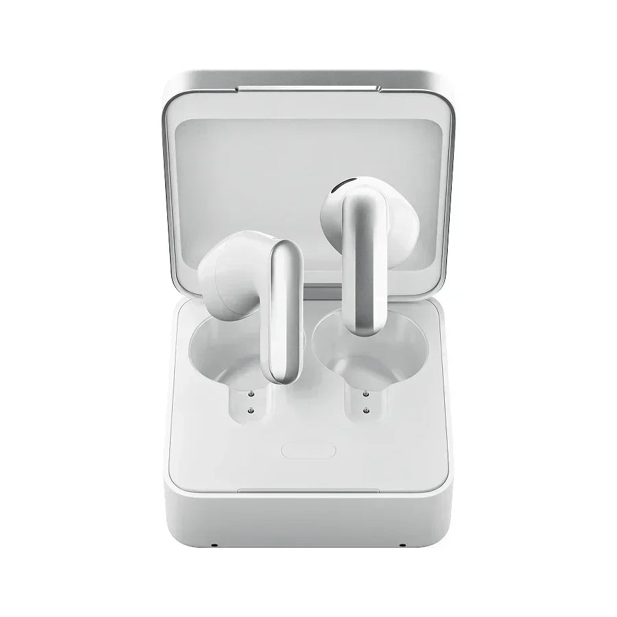 Plaud One wireless earbuds and charging case with the lid open, showing both earbuds seated in the case