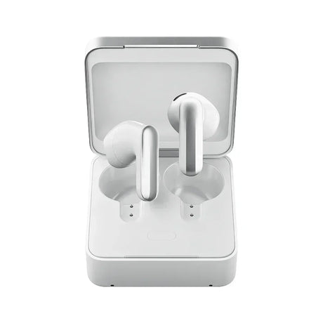 Plaud One wireless earbuds and charging case with the lid open, showing both earbuds seated in the case