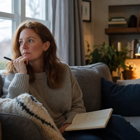 Woman journaling thoughtfully on her couch at home.