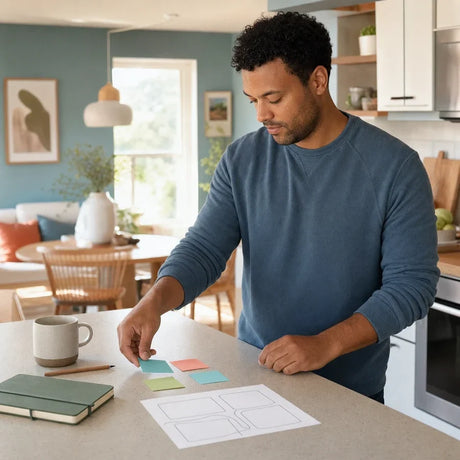 Man arranging sticky notes into a brain dump template on his kitchen counter.