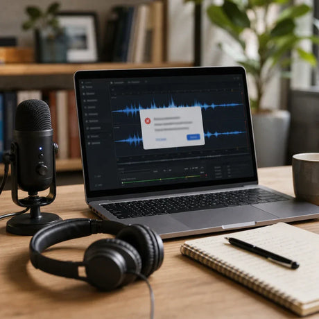 A creator checks an audio transcription workflow on a laptop with a microphone and headphones nearby.