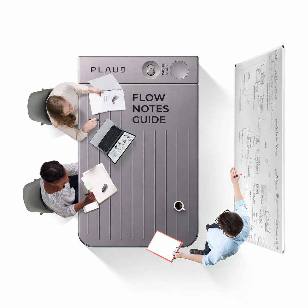 A Plaud Note serves as a meeting table for a team, illustrating the Flow Notes Guide.
