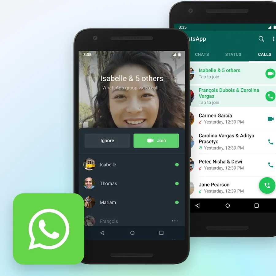 A smartphone screen showing a WhatsApp group video call with options to ignore or join, next to another phone displaying WhatsApp call history, with the WhatsApp logo in the foreground. 