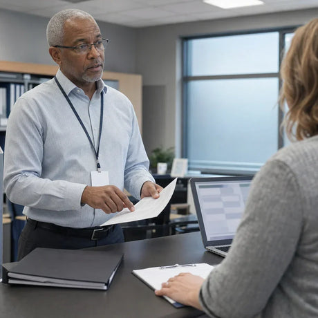 Healthcare professionals reviewing a private patient documentation workflow in a clinic office.