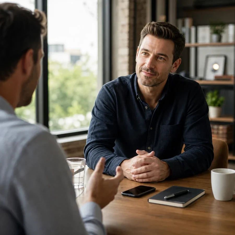 Two men having a conversation at a table, discussing a product review