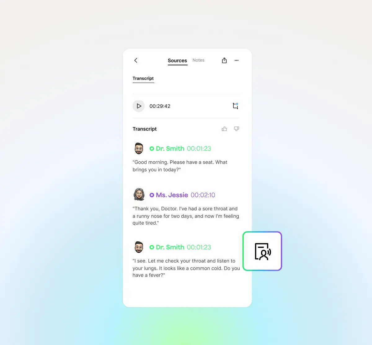 Plaud App interface showing a medical transcript with speaker identification, timestamps, and audio playback.