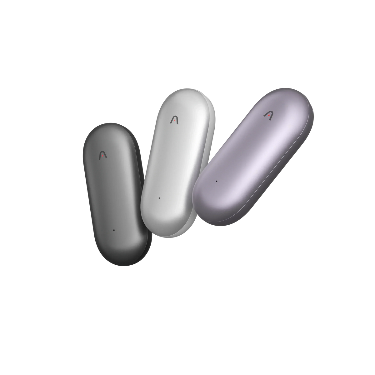Three Plaud NotePin devices in Cosmic Gray, Lunar White, and Sunset Purple on a white background.