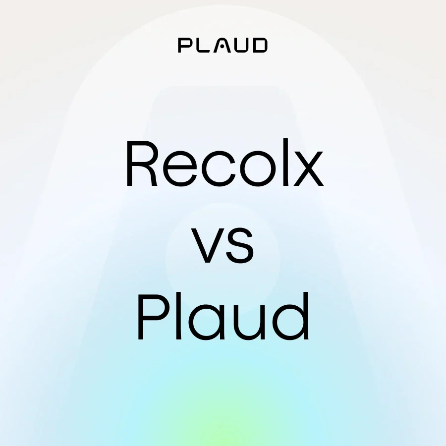 Comparison graphic titled Recolx vs Plaud with the Plaud logo on a light blue gradient background.