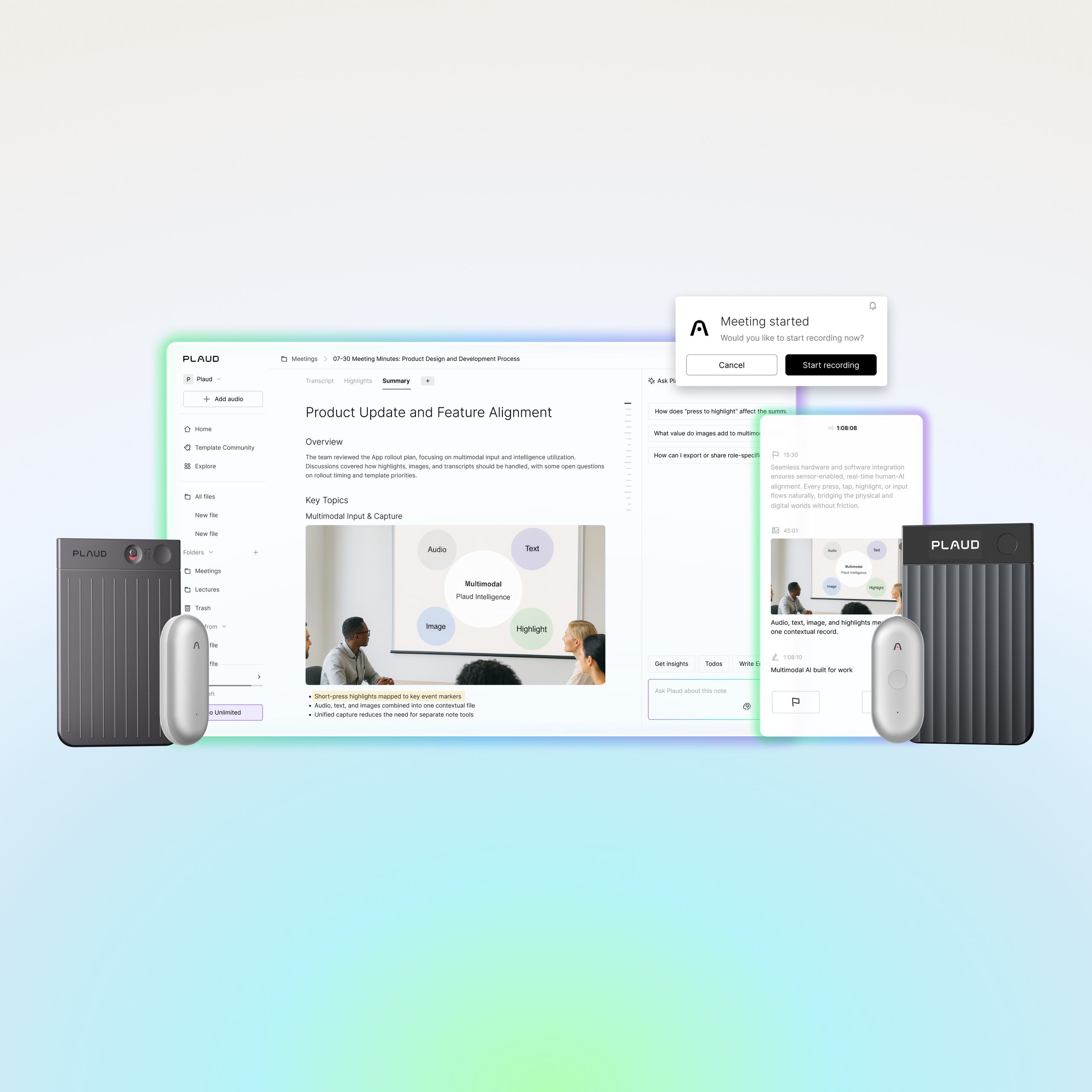 Black Plaud Note Pro and silver Plaud NotePin recorders with Plaud App AI meeting summaries on desktop and mobile.