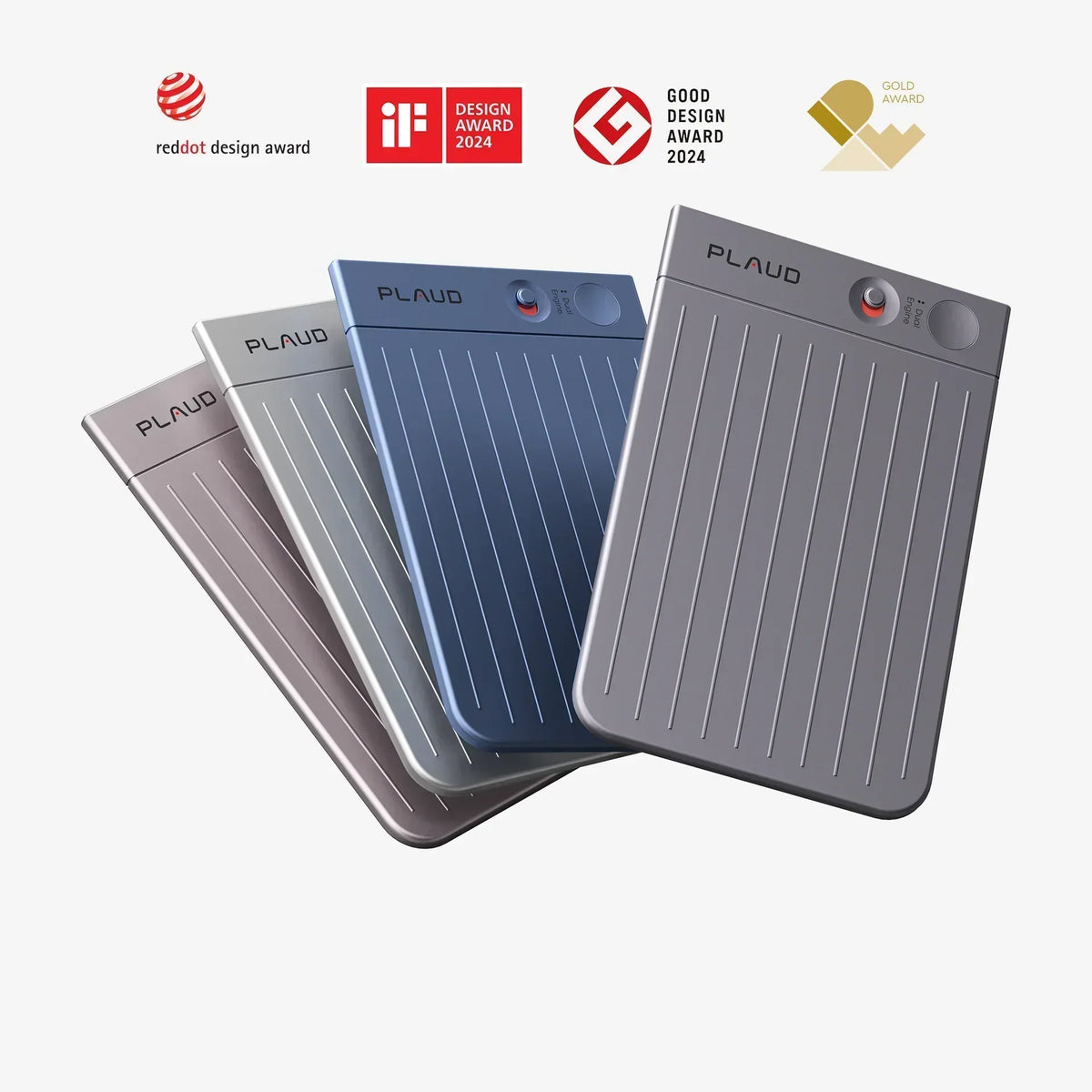 Four Plaud Note AI voice recorders in bronze, silver, blue, and gray with 20% off and 2024 design award logos.