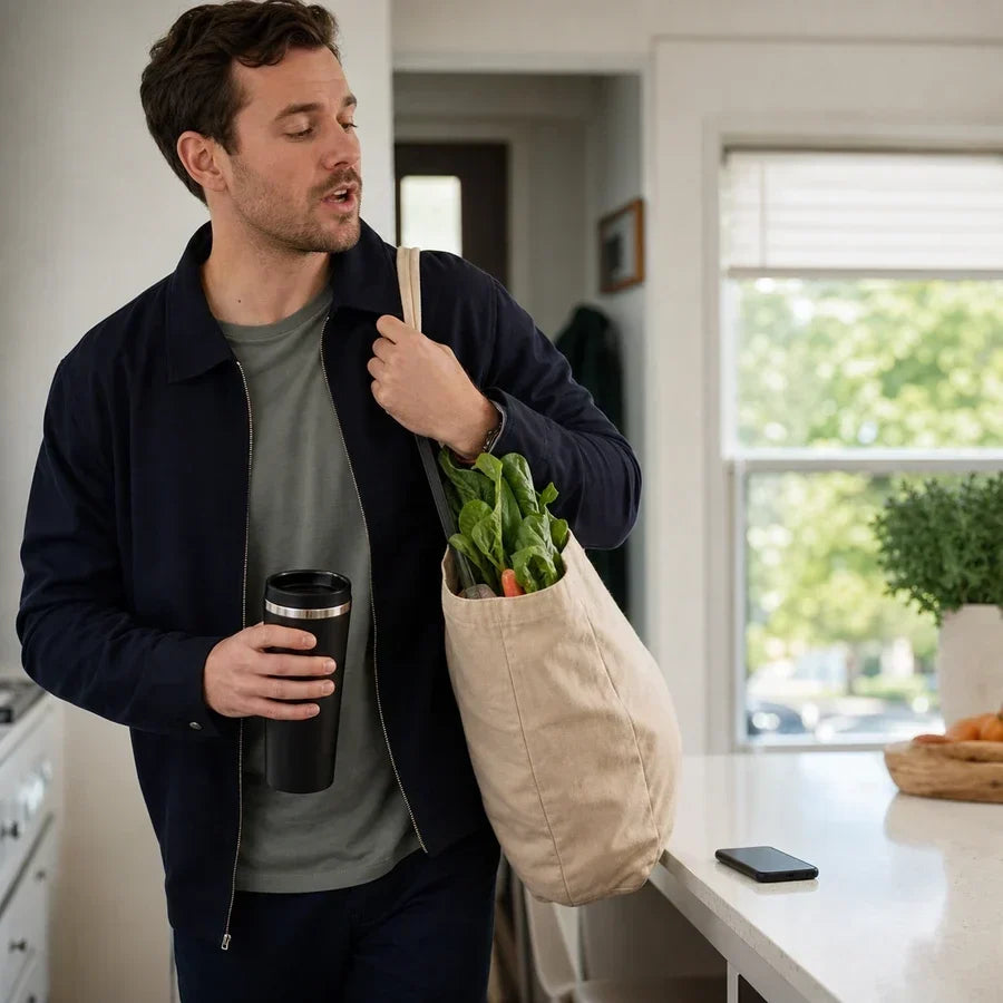 Man talking while carrying groceries, phone on the counter, using voice to text hands-free