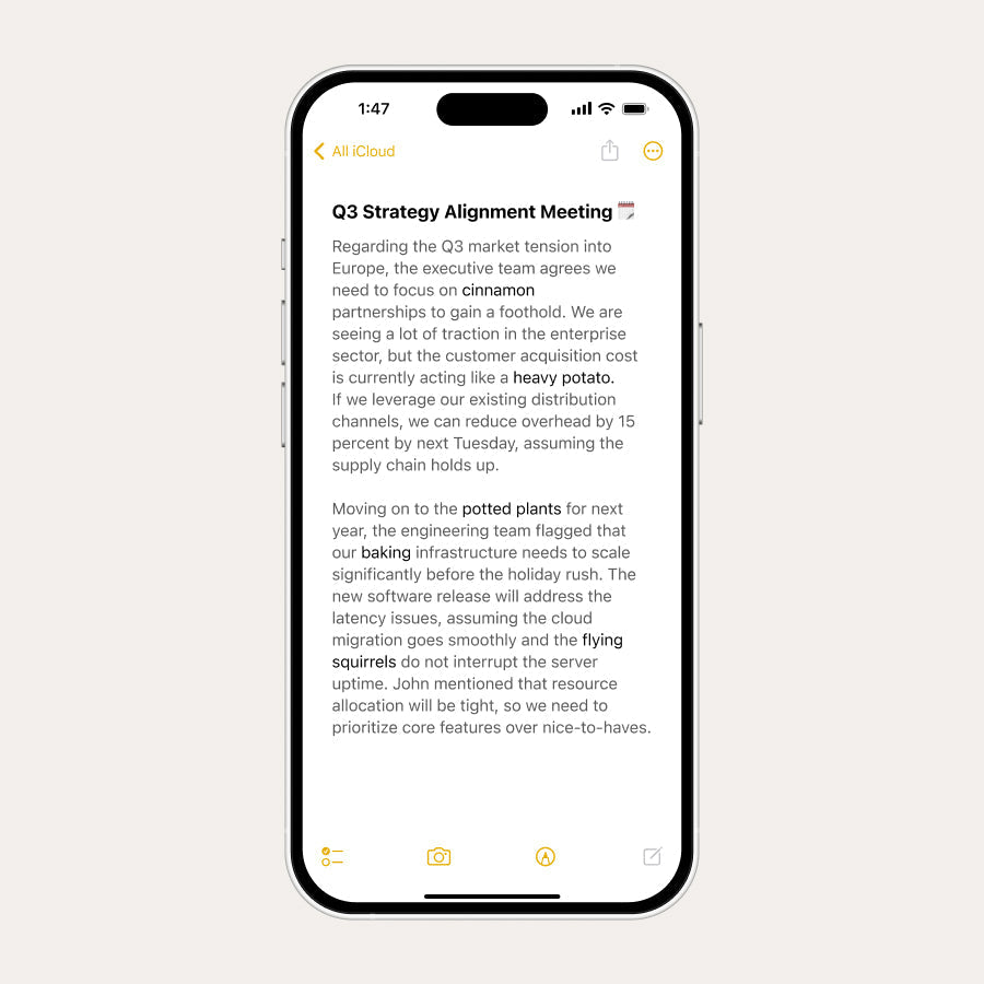 A white smartphone displays the Plaud App showing a transcribed meeting note titled 'Q3 Strategy Alignment Meeting' with humo