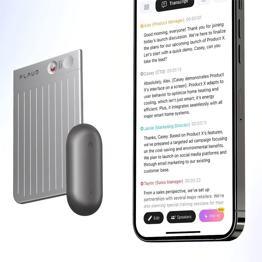 A Plaud Note and Plaud Notepin are displayed next to a smartphone screen showing a transcript of a meeting
