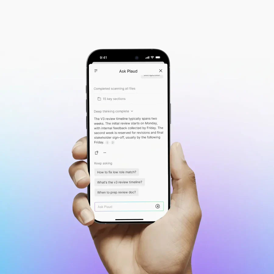 A hand holds a smartphone displaying the Ask Plaud feature in the Plaud App, showing an AI-generated project summary.