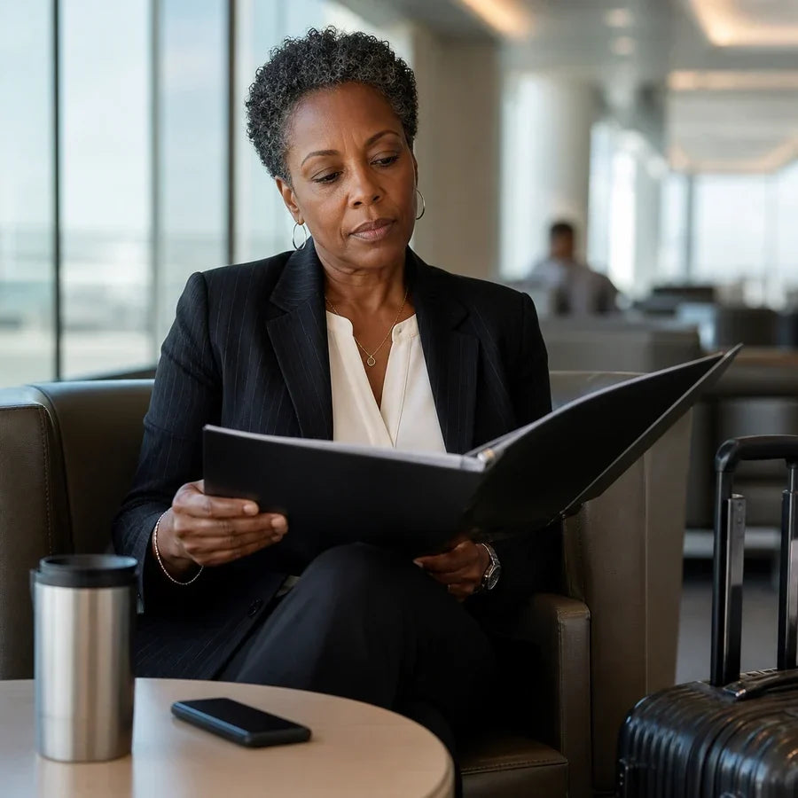 Executive reviewing a folder while seated in an office lobby