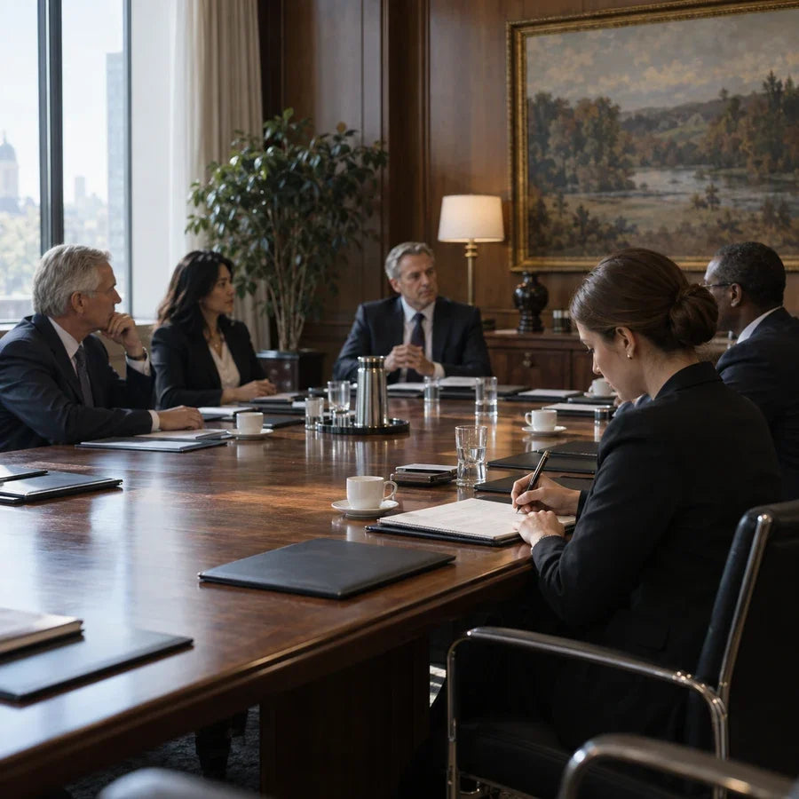Minute-taker documenting decisions in a formal boardroom meeting.