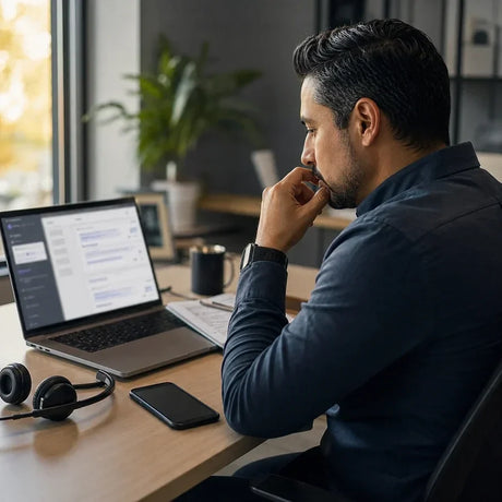 Man reviewing call transcription software on his laptop at a desk, headset and phone nearby