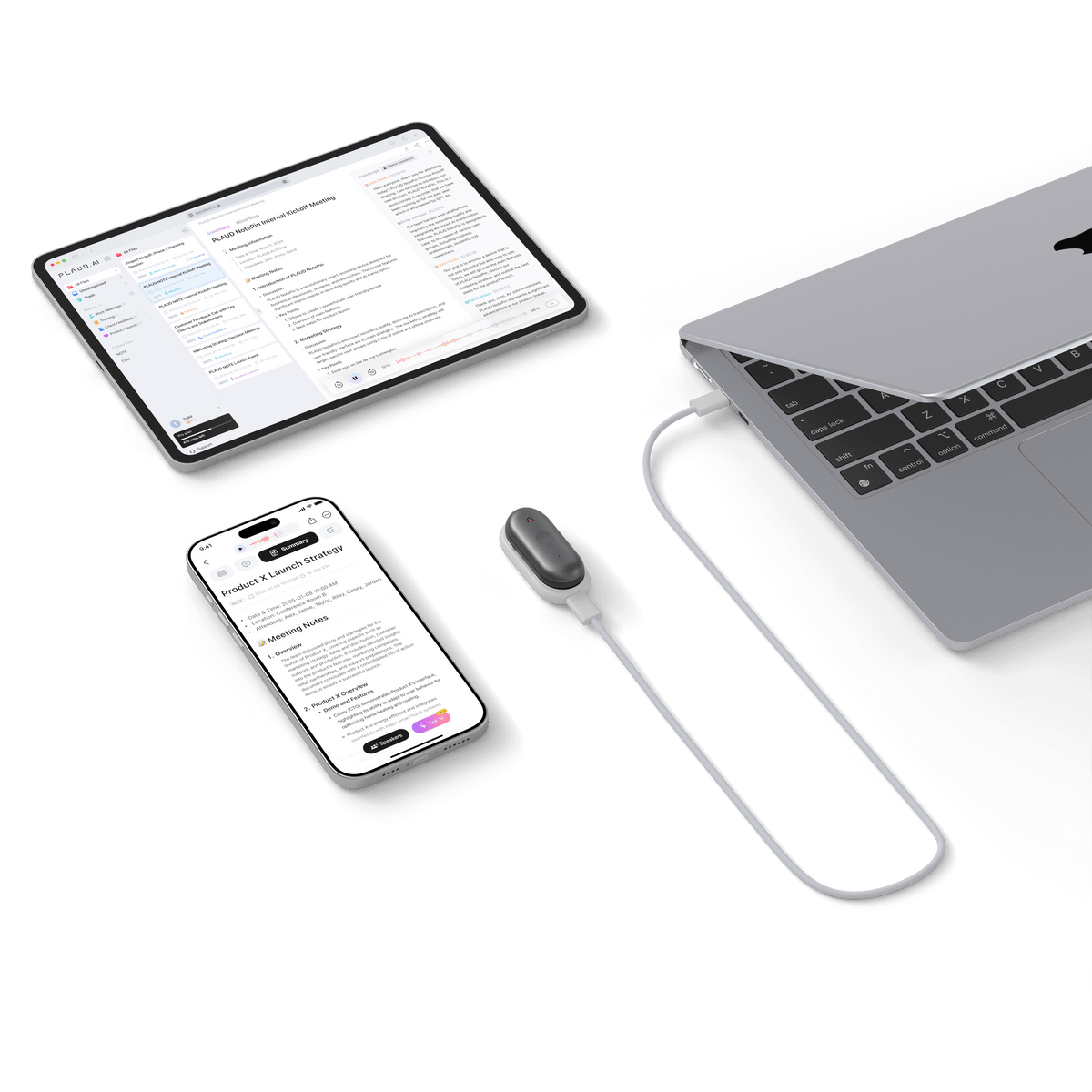 Plaud NotePin S connected to a laptop, with meeting notes on a smartphone and tablet via the Plaud App.