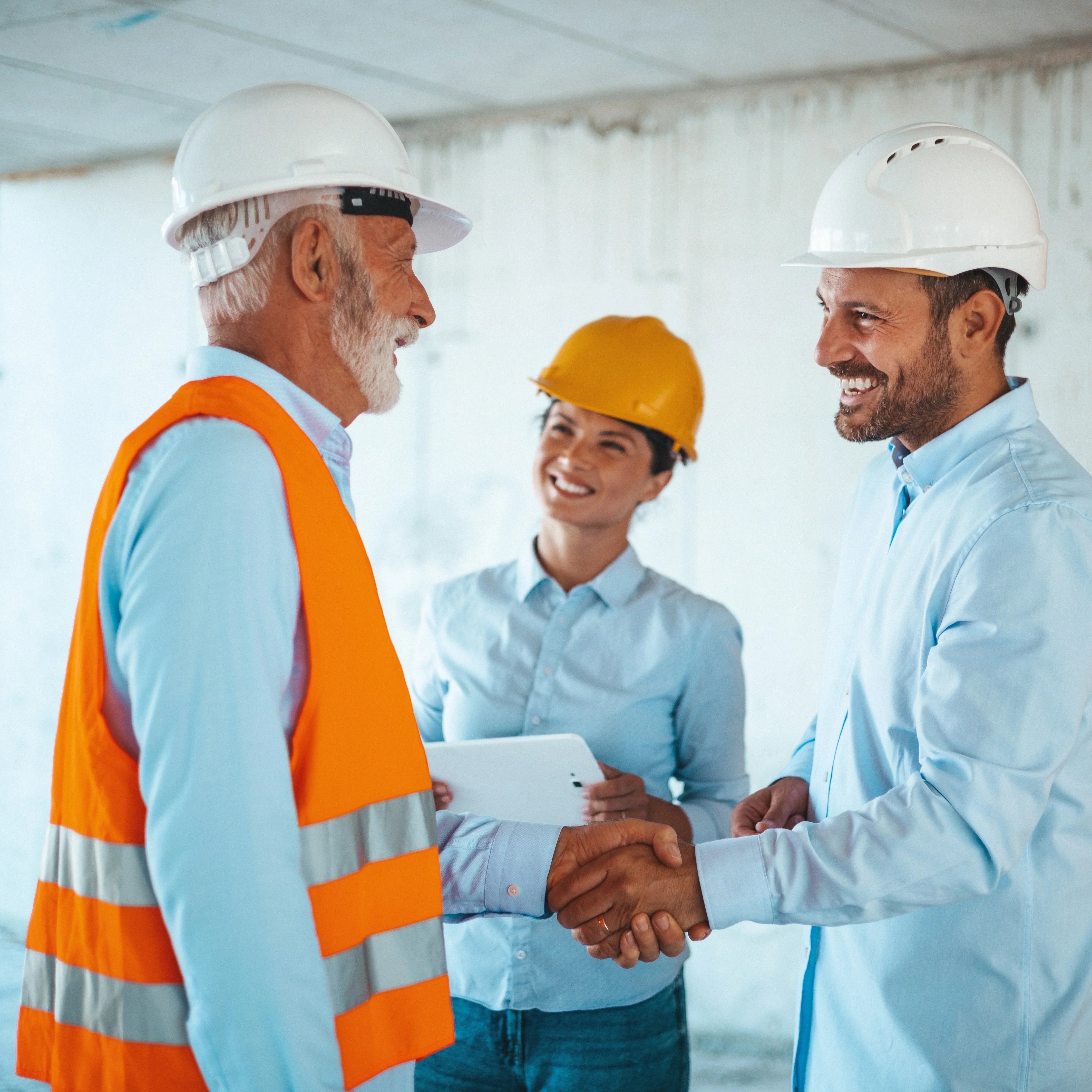 Construction site visit with hard hats, shaking hands over a project discussion.