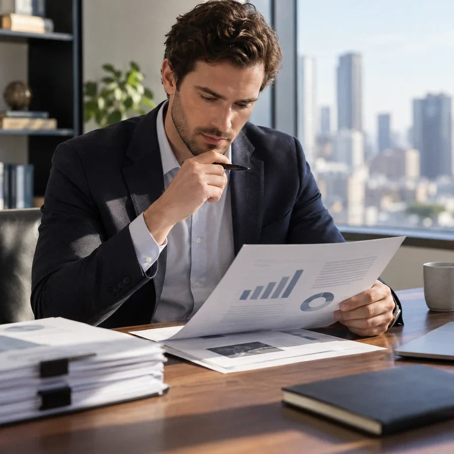 Consultant reviewing a printed report and supporting documents at a desk.