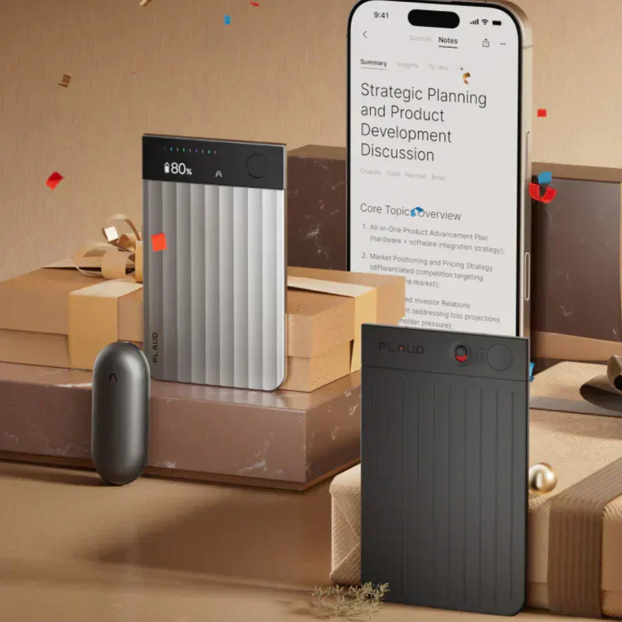 Silver and black Plaud Note Pro, grey Plaud NotePin, and Plaud App on a phone with gift boxes and confetti.