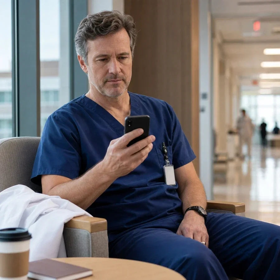 Physician using the Doximity app on a phone