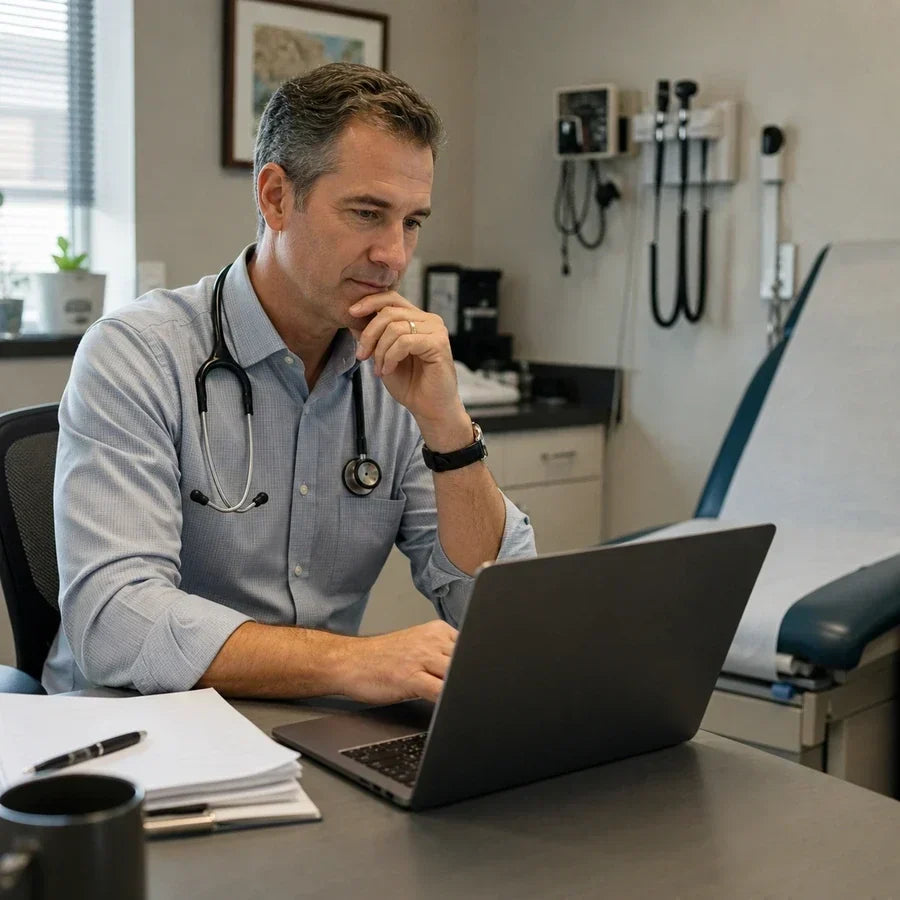 Woman reviewing Freed AI medical scribe notes on a laptop