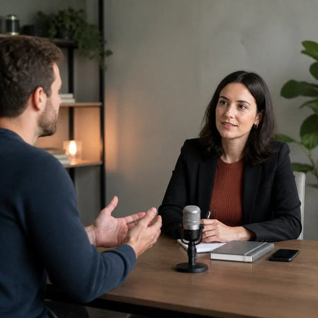 Two people in an interview, one using an AI note taker