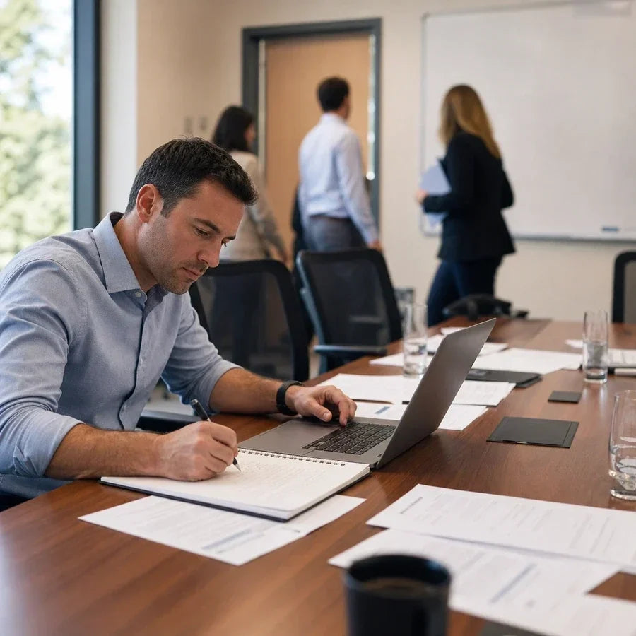 Person writing meeting minutes with a laptop and notepad