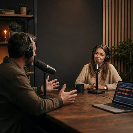 Two hosts recording a podcast with an AI note taker nearby