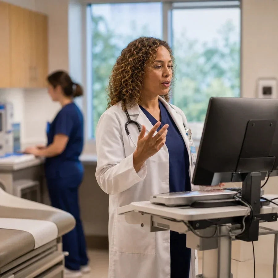 Doctor using Suki AI voice-command scribe during a patient visit