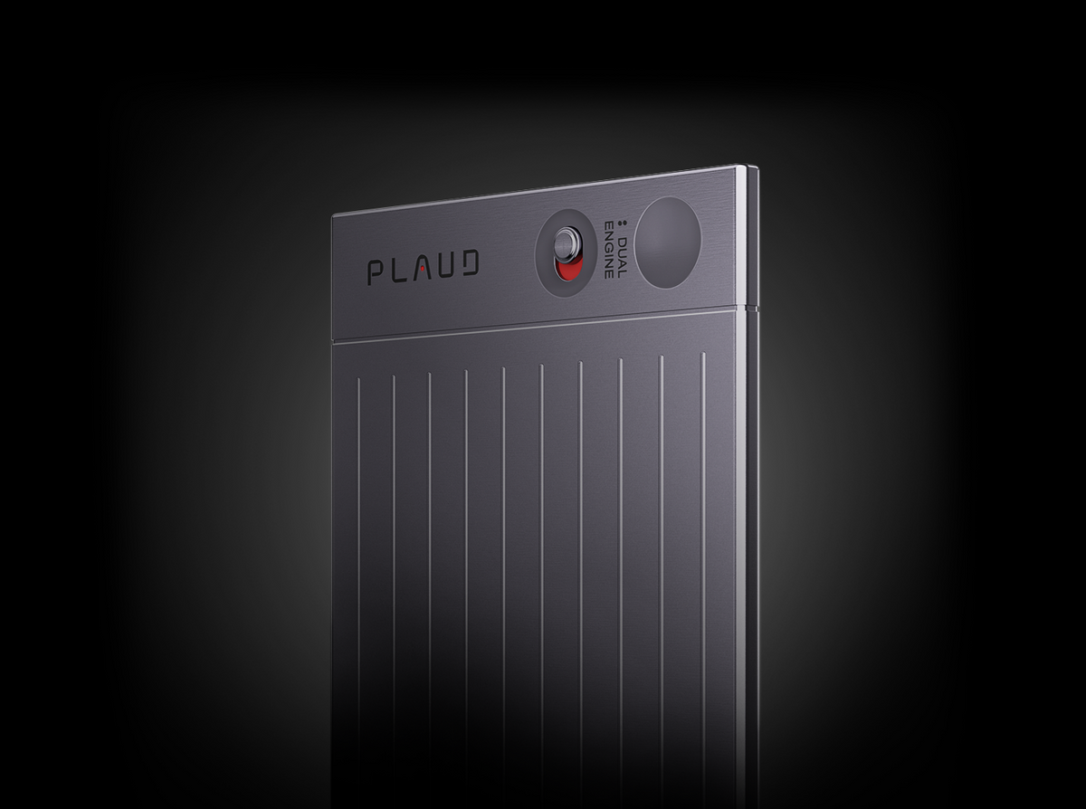 Plaud Note AI voice recorder with a ribbed texture and dual engine recording switch.