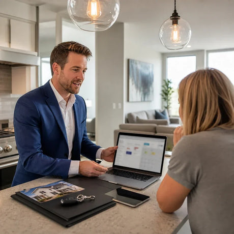 Real estate agent showing property details on a laptop to a client at a kitchen counter