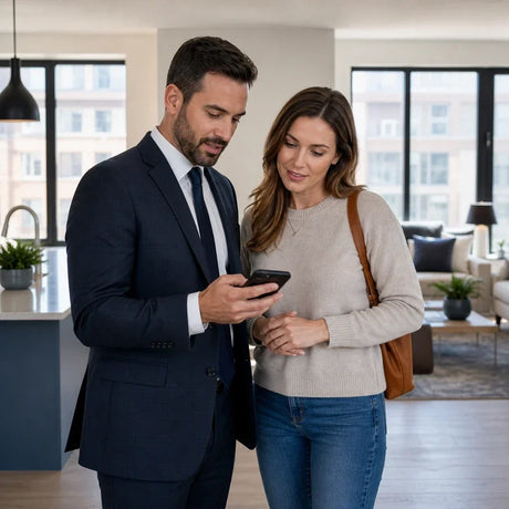 Real estate agent showing a couple a property listing on a phone during a home viewing