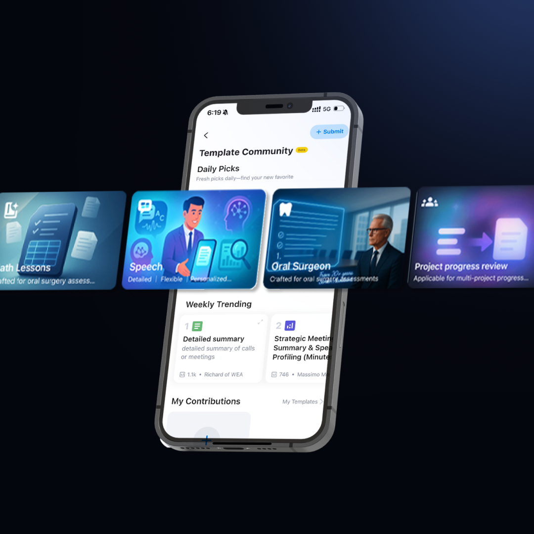 Plaud App Template Community showing AI summary templates for speech, medical, and project reviews on a smartphone.