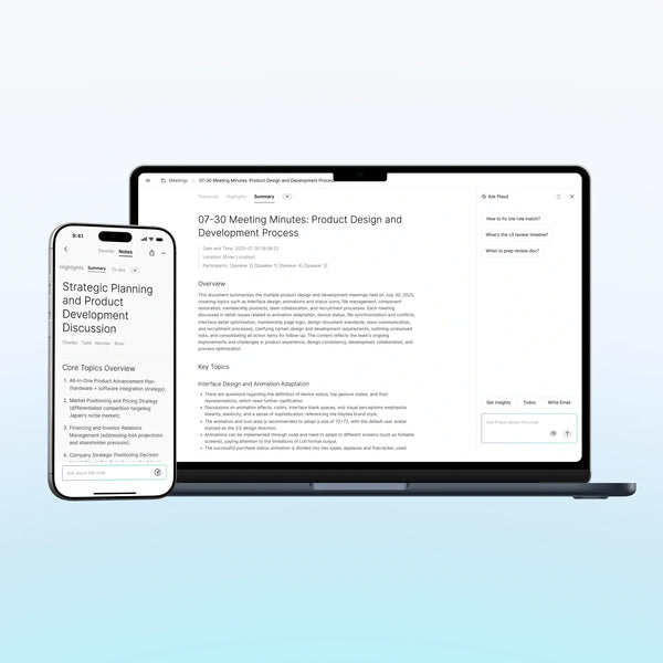 Screens of Plaud App 3.0 showcasing a clean UI and AI features like Ask Plaud and multidimensional summaries.