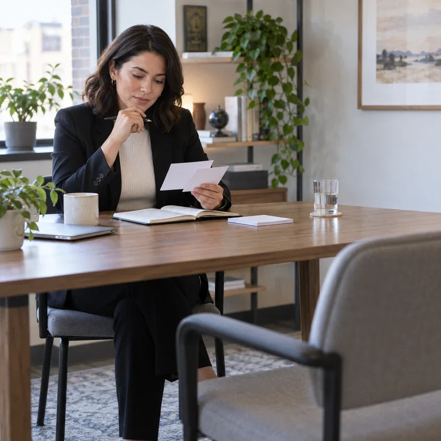 Interviewer reviewing question cards before a structured interview.
