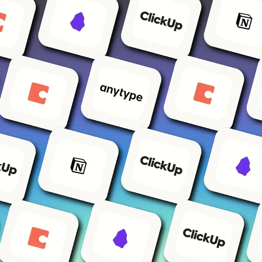 Logo mosaic featuring Notion, ClickUp, Obsidian, Coda, and Anytype.