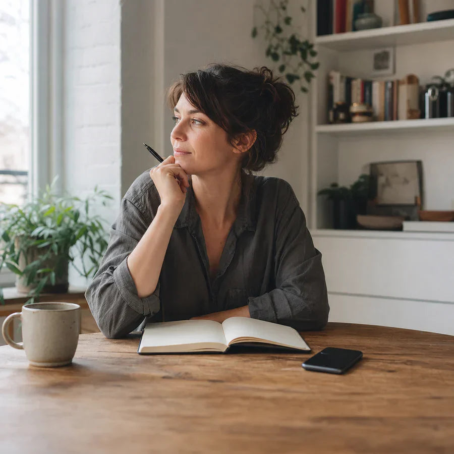 Woman sitting at a table with an open notebook and pen while thinking