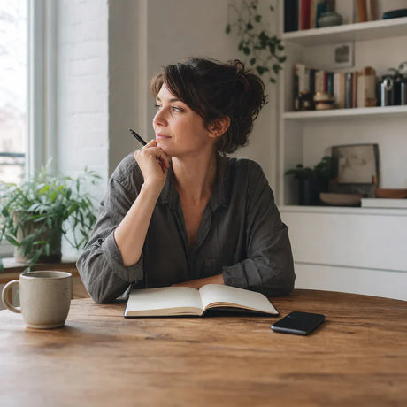 Woman sitting at a table with an open notebook and pen while thinking