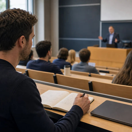 Plaud NotePin S clipped to a student's collar while recording a lecture
