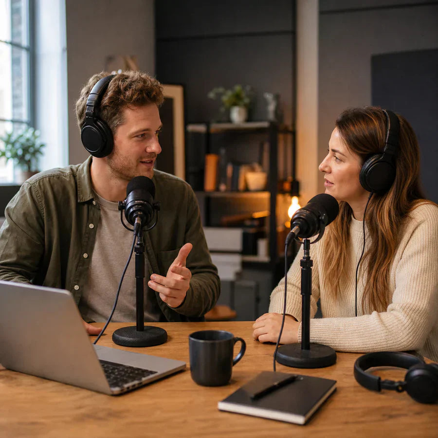 Two podcast hosts wearing headphones and speaking into microphones at a table