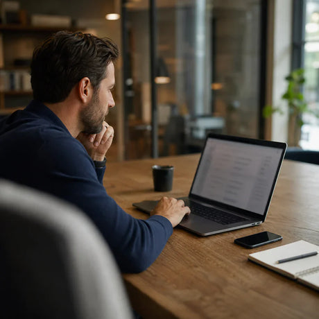 Man using a laptop on a wooden table with a notebook and smartphone
